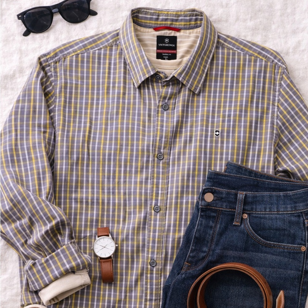 Victorinox Tailored Fit Plaid Button Down Shirt XL Grey/Yellow